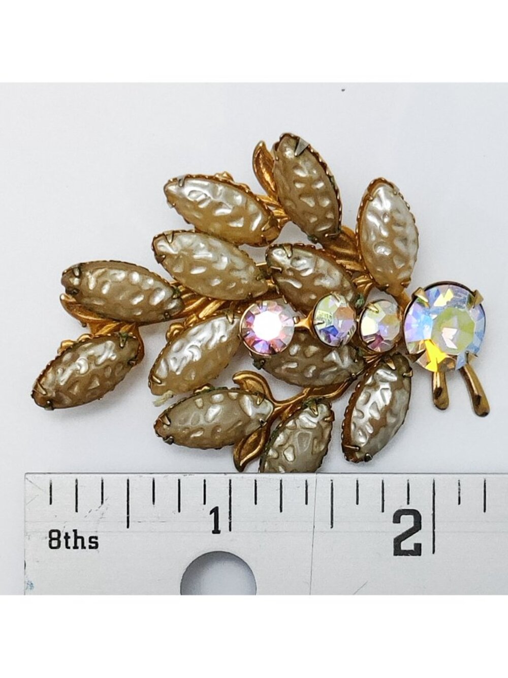Vintage 1950s Beau Jewels Brooch Baroque Navette Faux Pearls AB Crystals Rivets - Picture 3 of 3